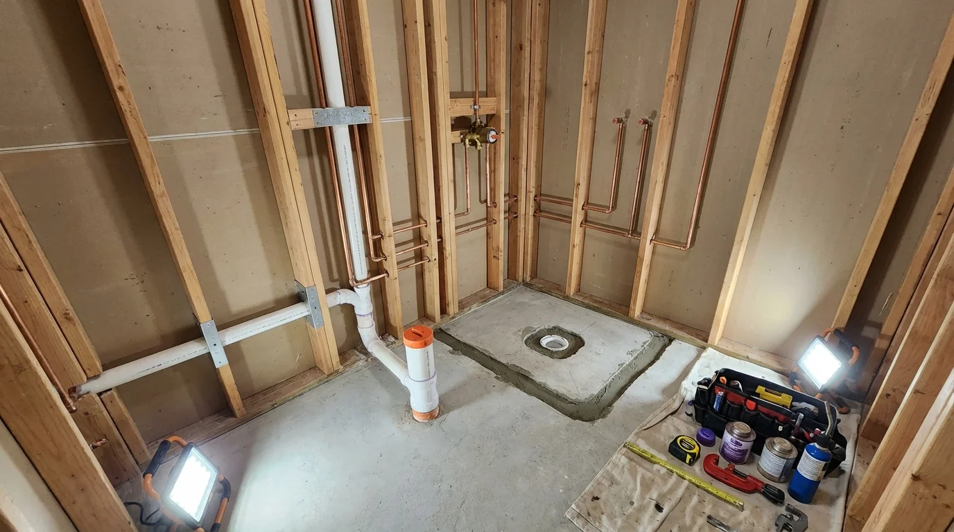 Bathroom rough-in plumbing during remodel by Johns Plumbing LLC in Broadway