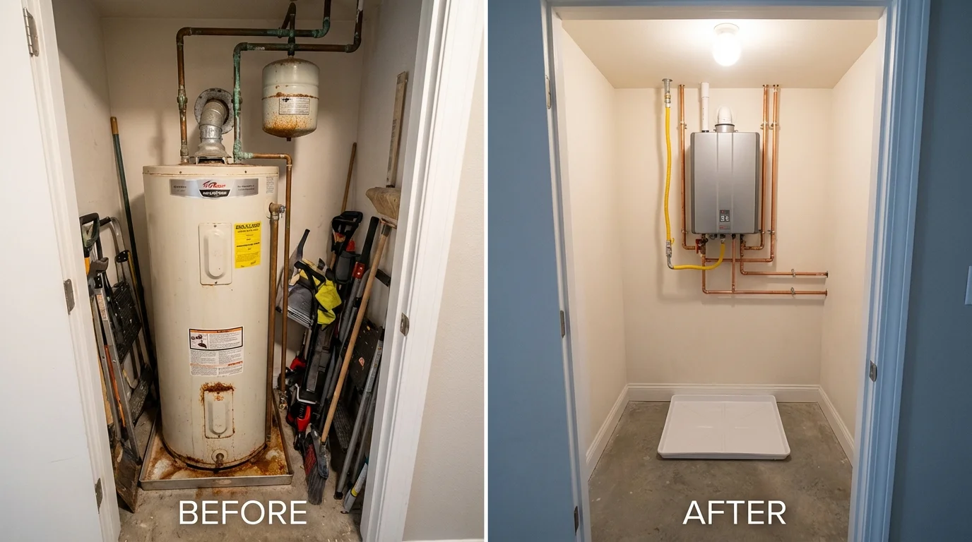 Tank water heater versus wall-mounted tankless unit comparison for Broadway, VA homeowners