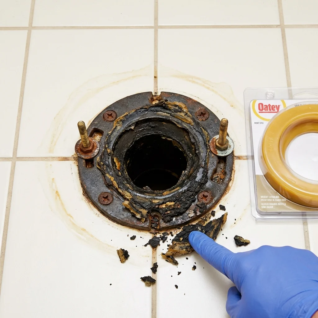 Failed wax ring showing water seepage at the base of a toilet in a Broadway, VA home