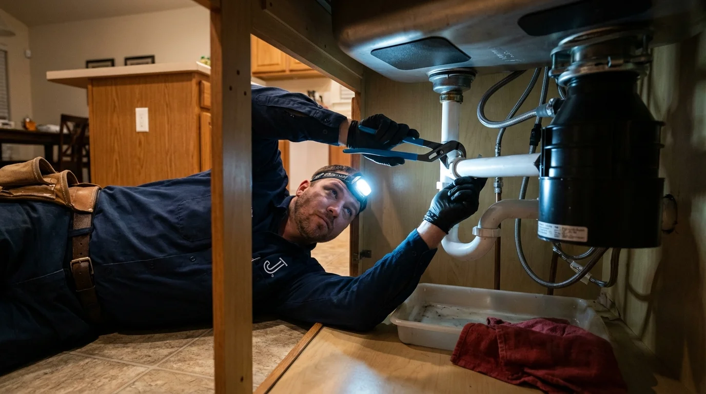 P-trap and supply line connections under a kitchen sink showing a common leak point in Broadway, VA